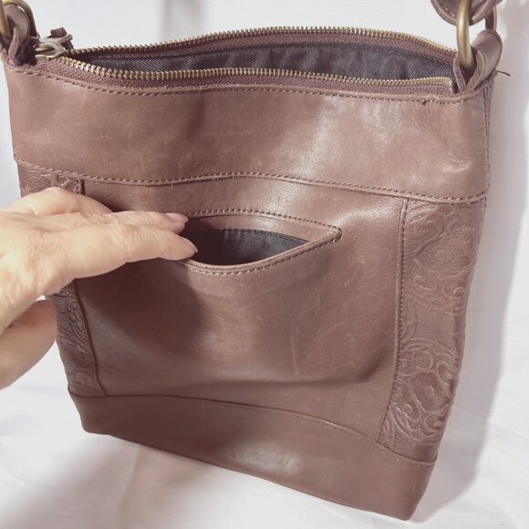 The Sak Collection-Brown Leather Embossed Floral Sides-Black/Pink inside-Phone - Picture 3 of 15